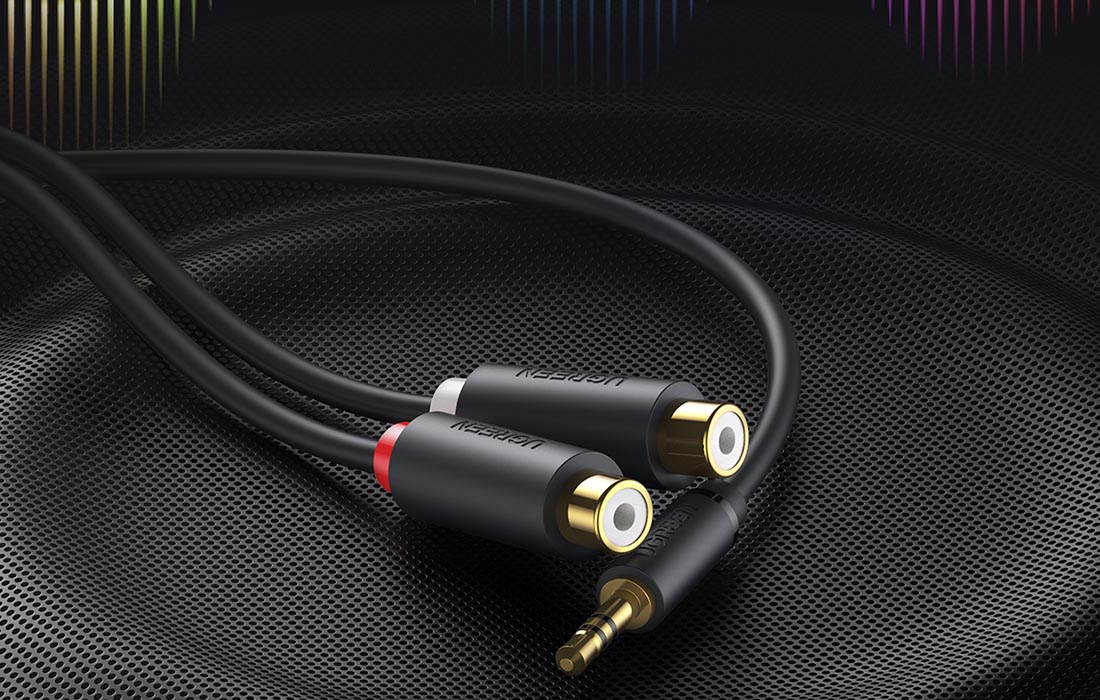 Cablu UGREEN AV109 Jack 3.5 mm tata la 2x cablu RCA mama (Cinch), 1m, Negru